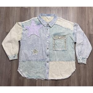 Oli & Hali Patchwork Peace Sign Button-Up Denim Shirt‎ Size M
